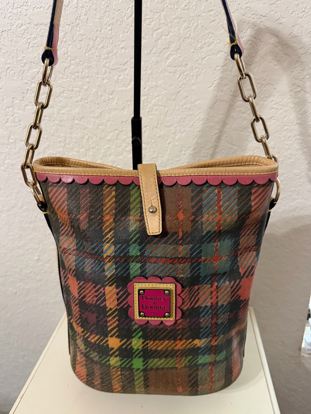 Dooney & Bourke Multicolor Plaid Bucket Bag with Pink Trim